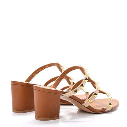 Valentino Garavani Raffia Calfskin Rockstud 60mm Caged Slide Sandals 38 Naturale 4 of 9