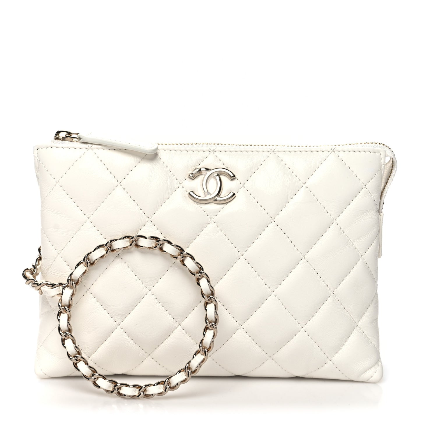 Shiny Crumpled Calfskin Quilted Clutch Bag White