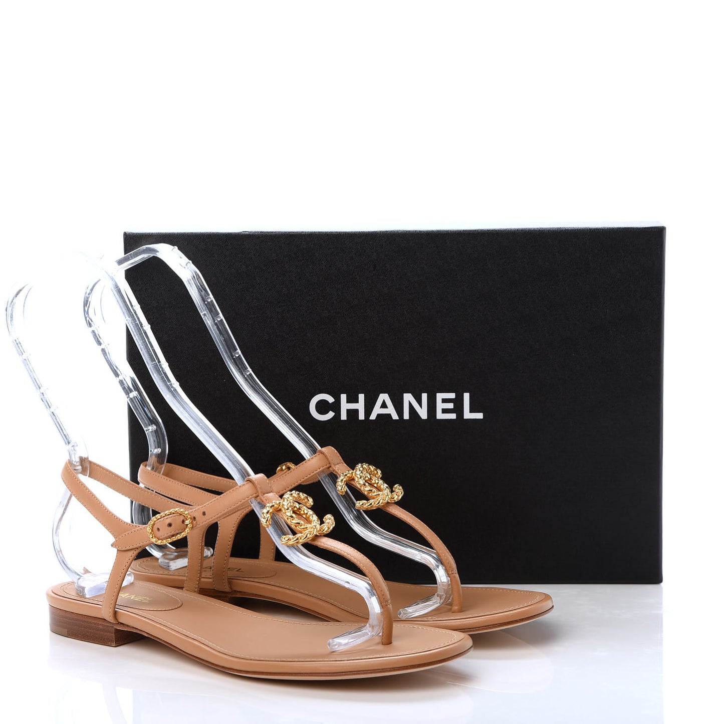 Lambskin Chain CC Logo Thong Sandals 39.5 Light Brown