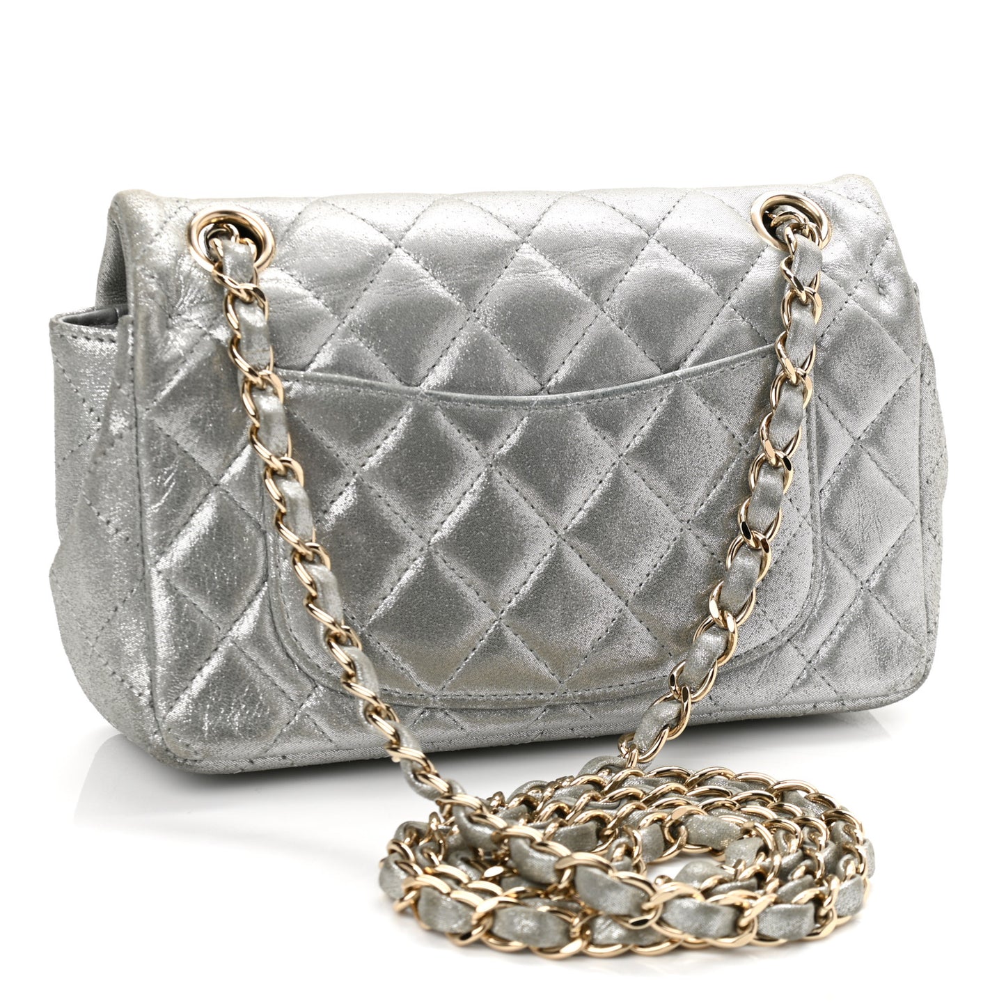 Iridescent Calfskin Quilted Mini Rectangular Flap Silver