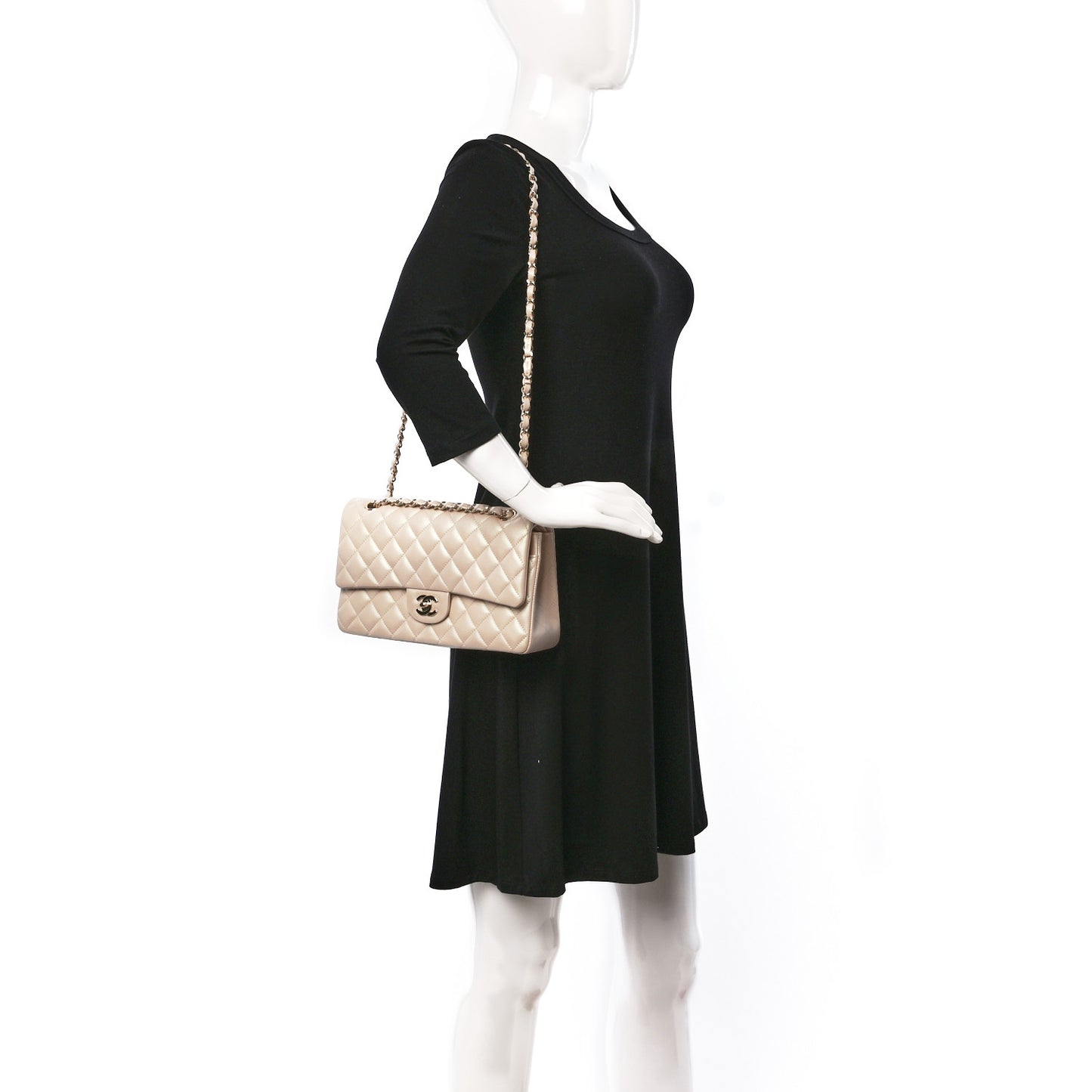 Iridescent Calfskin Quilted Medium Double Flap Beige