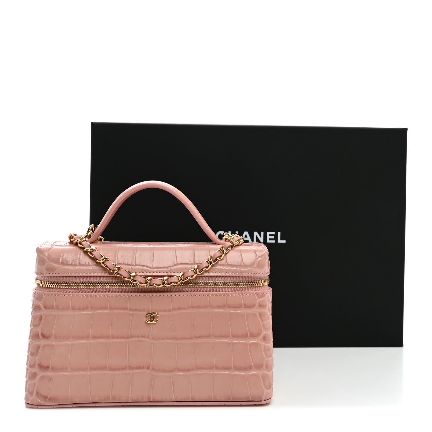 Calfskin Crocodile Embossed Crococo Top Handle Slim Vanity Case With Chain Light Pink