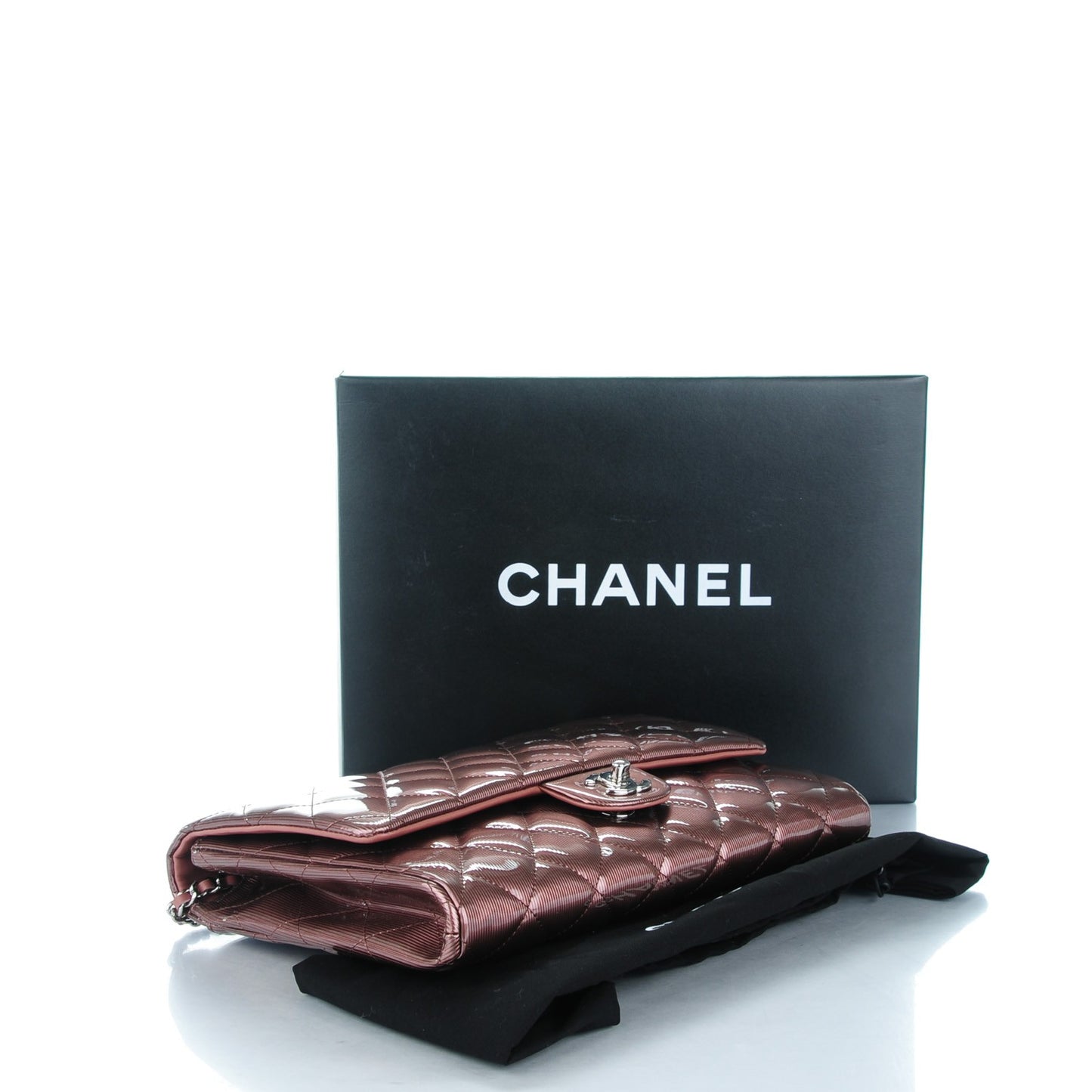 Striated Patent Quilted Clutch With Chain Flap Dark Pink