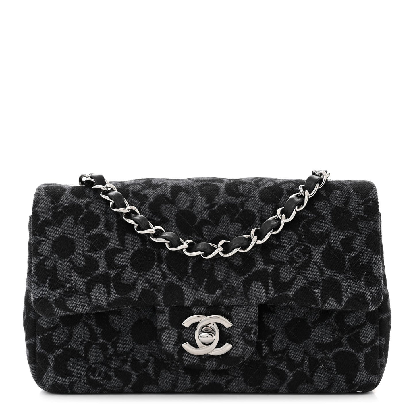 Printed Denim Quilted Flower Mini Rectangular Flap Black