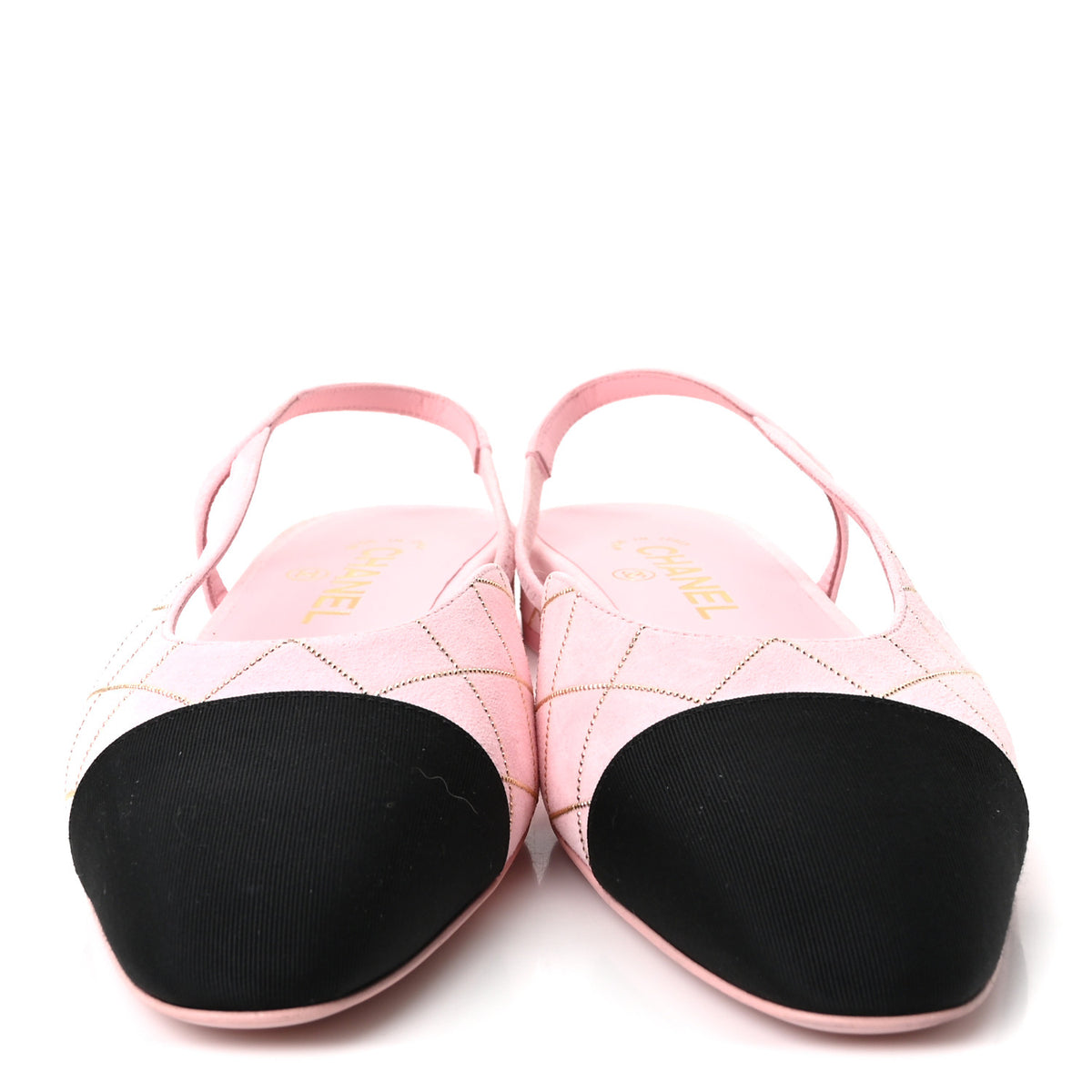 Suede Crystal Grosgrain Cap Toe CC Slingback Flats 39 Pink Gold Black