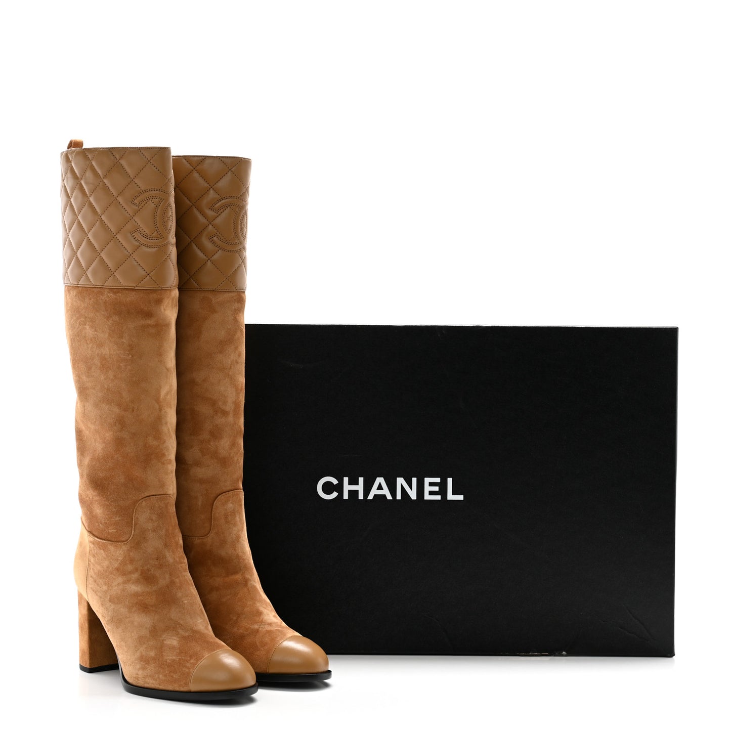 Suede Calfskin Lambskin Quilted Knee High Heel Boots 38.5 Beige