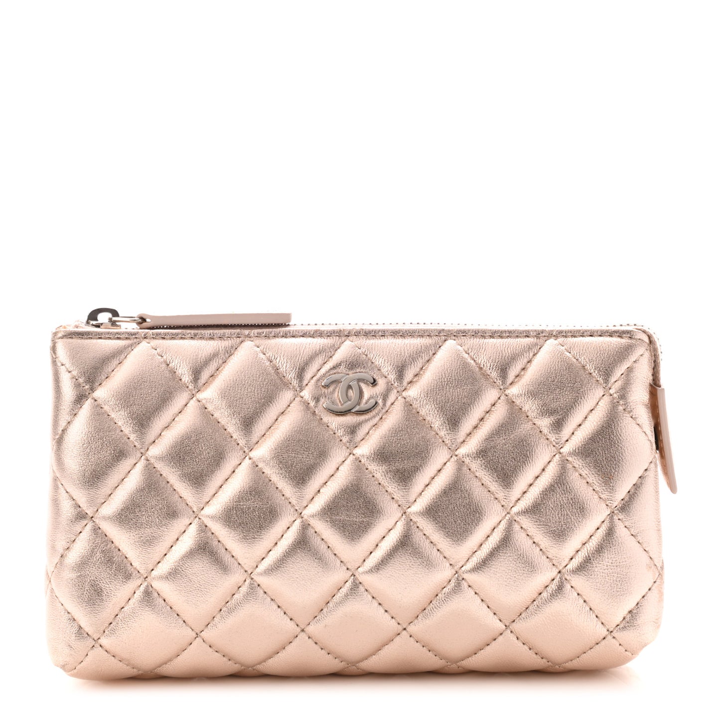 Metallic Lambskin Quilted Cosmetic Pouch Light Gold