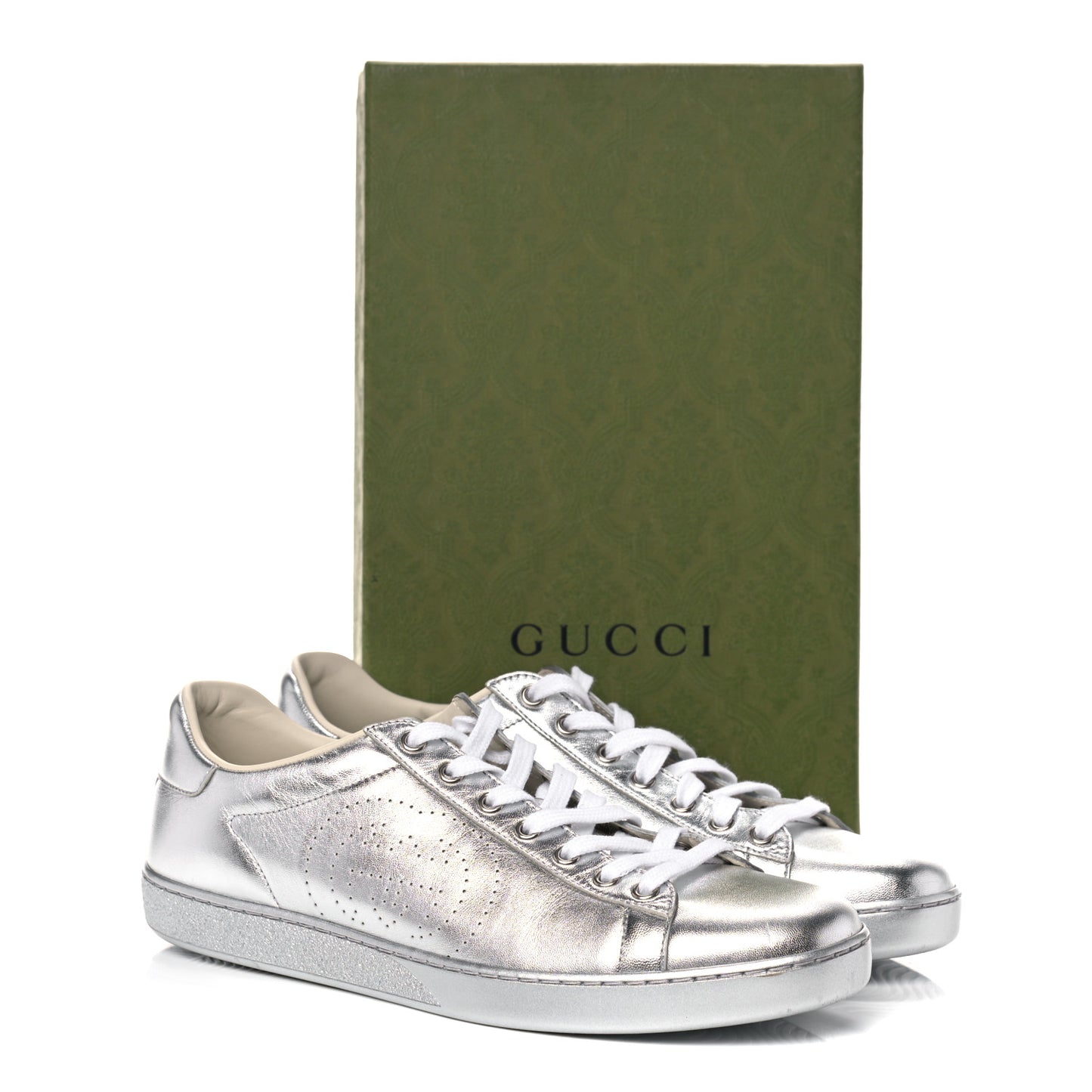 Metallic Nappa Interlocking G Perforated Womens Ace Sneakers 40.5 Silver