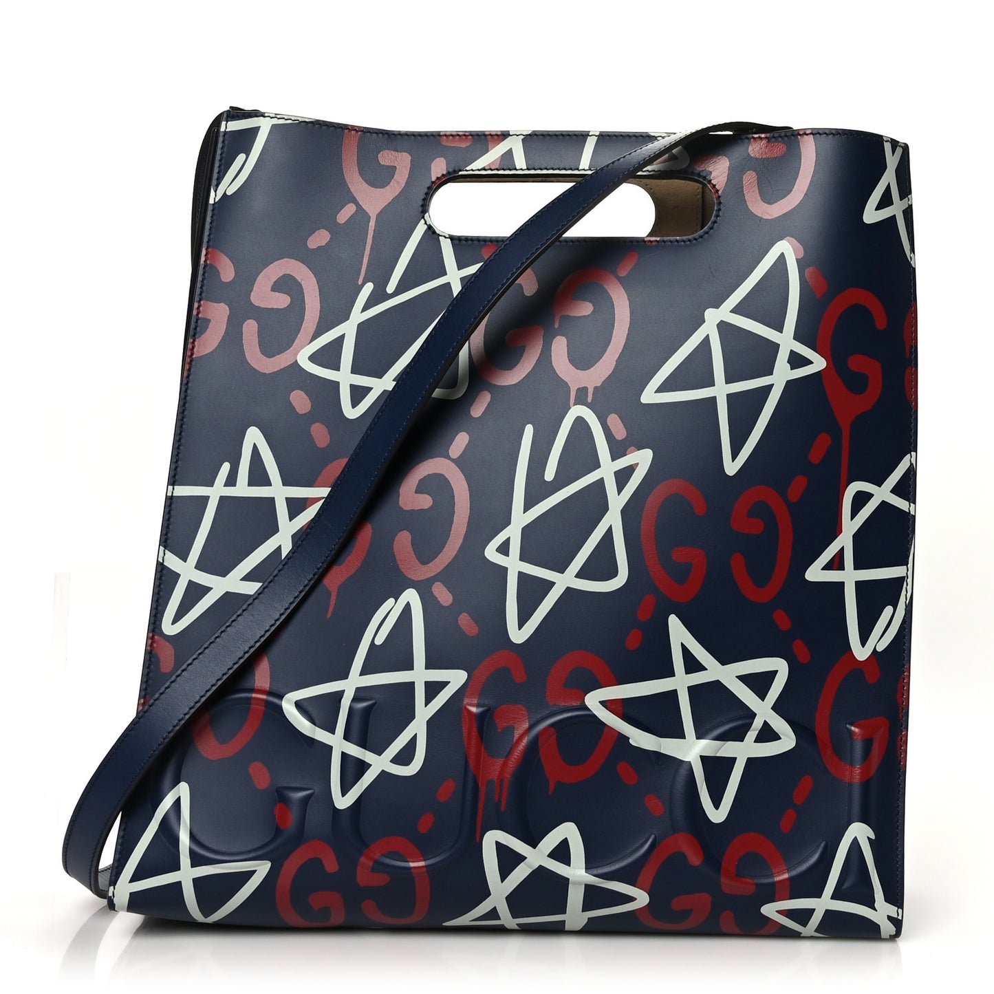 Calfskin GucciGhost Medium XL Tote Blue Agata Hibiscus Red