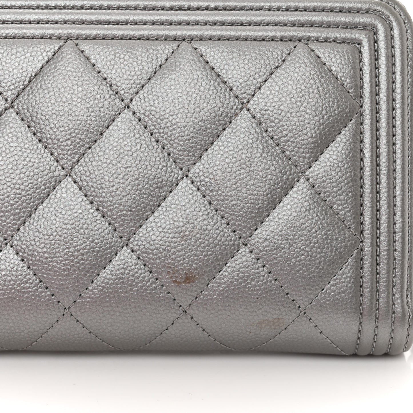 Metallic Caviar Quilted Boy Zip Around Wallet Silver