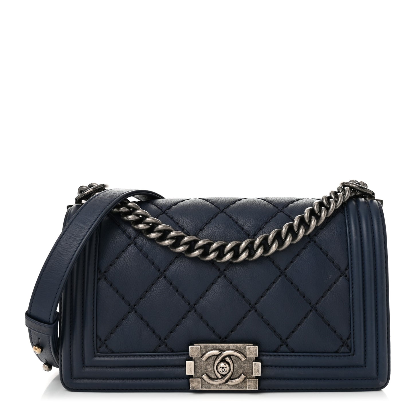 Calfskin Double Stitch Medium Boy Flap Navy Blue