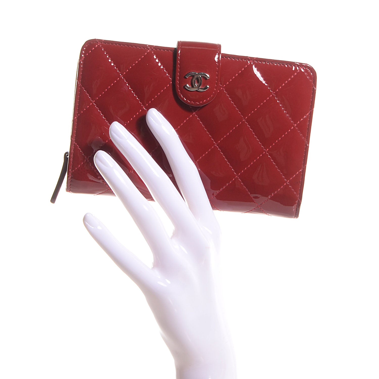 Chanel Patent Quilted Zip Pocket Wallet Red 2 of 8