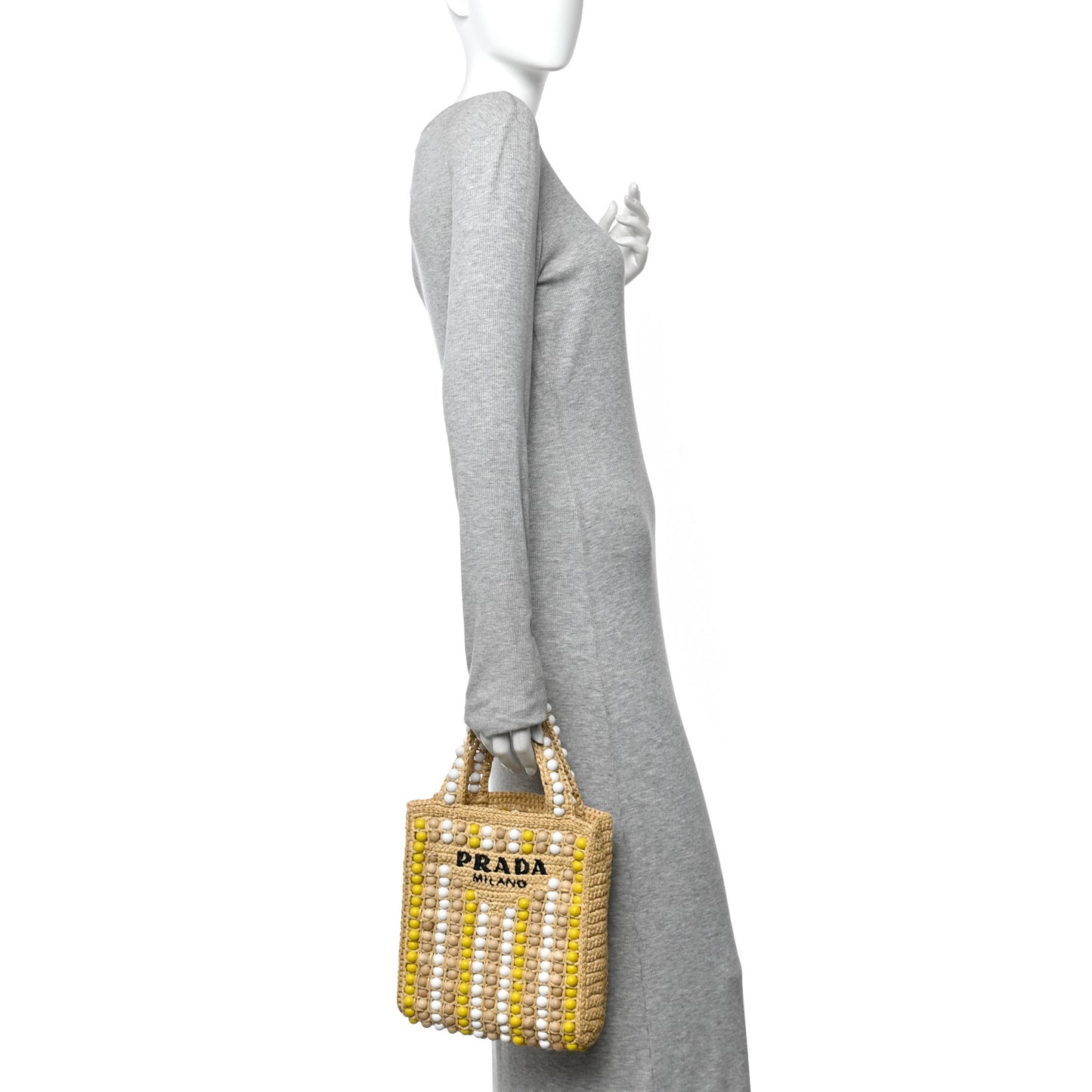 Raffia Wood Bead Embroidered Logo Tote Bag Naturale