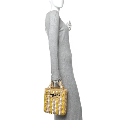 Prada Raffia Wood Bead Embroidered Logo Tote Bag Naturale 2 of 9