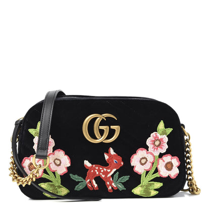 Gucci Velvet Matelasse Deer Embroidered Small GG Marmont Chain Shoulder Bag Black 1 of 9