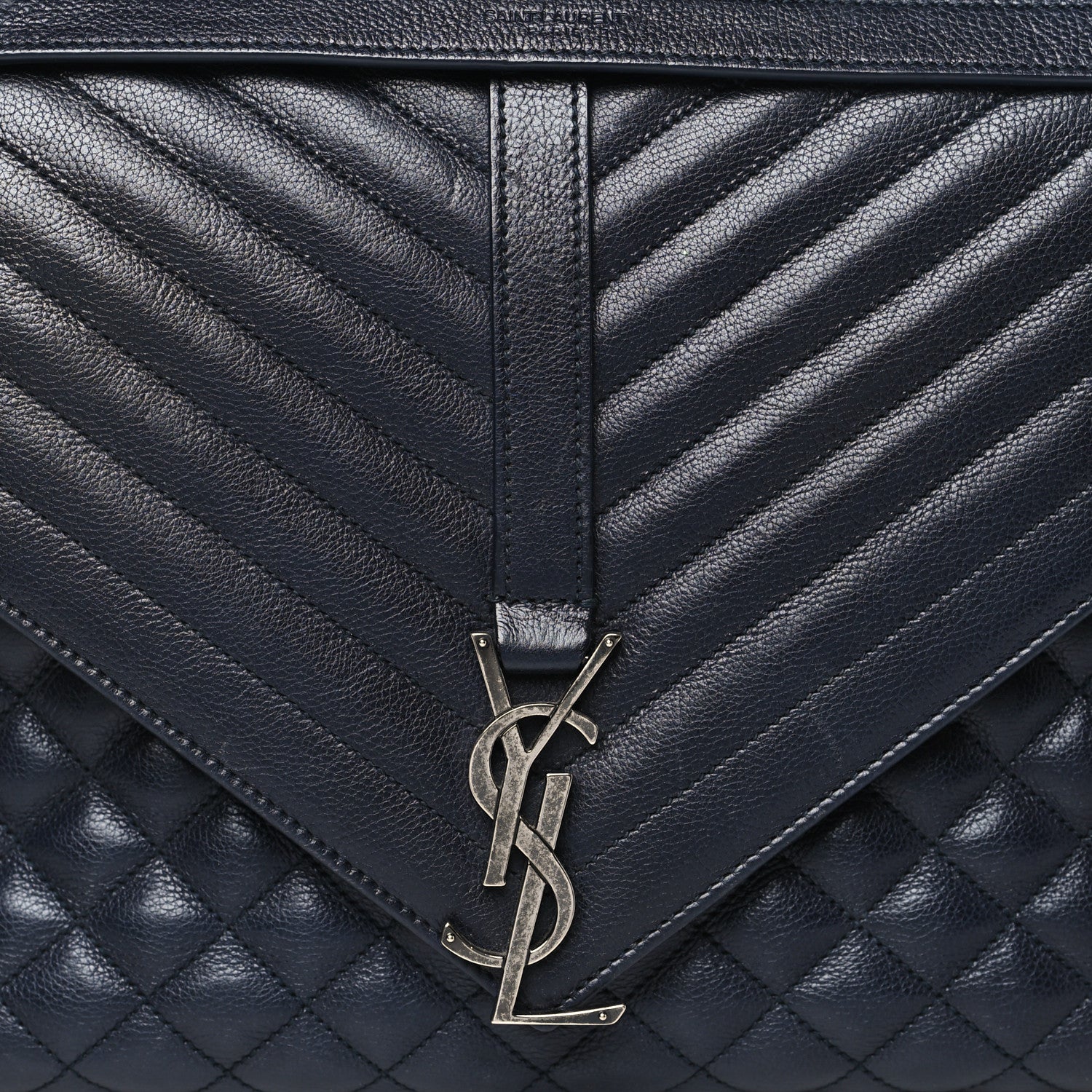 Saint Laurent Calfskin Mixed Matelasse Triquilt Large Monogram Satchel Deep Marine 7 of 10