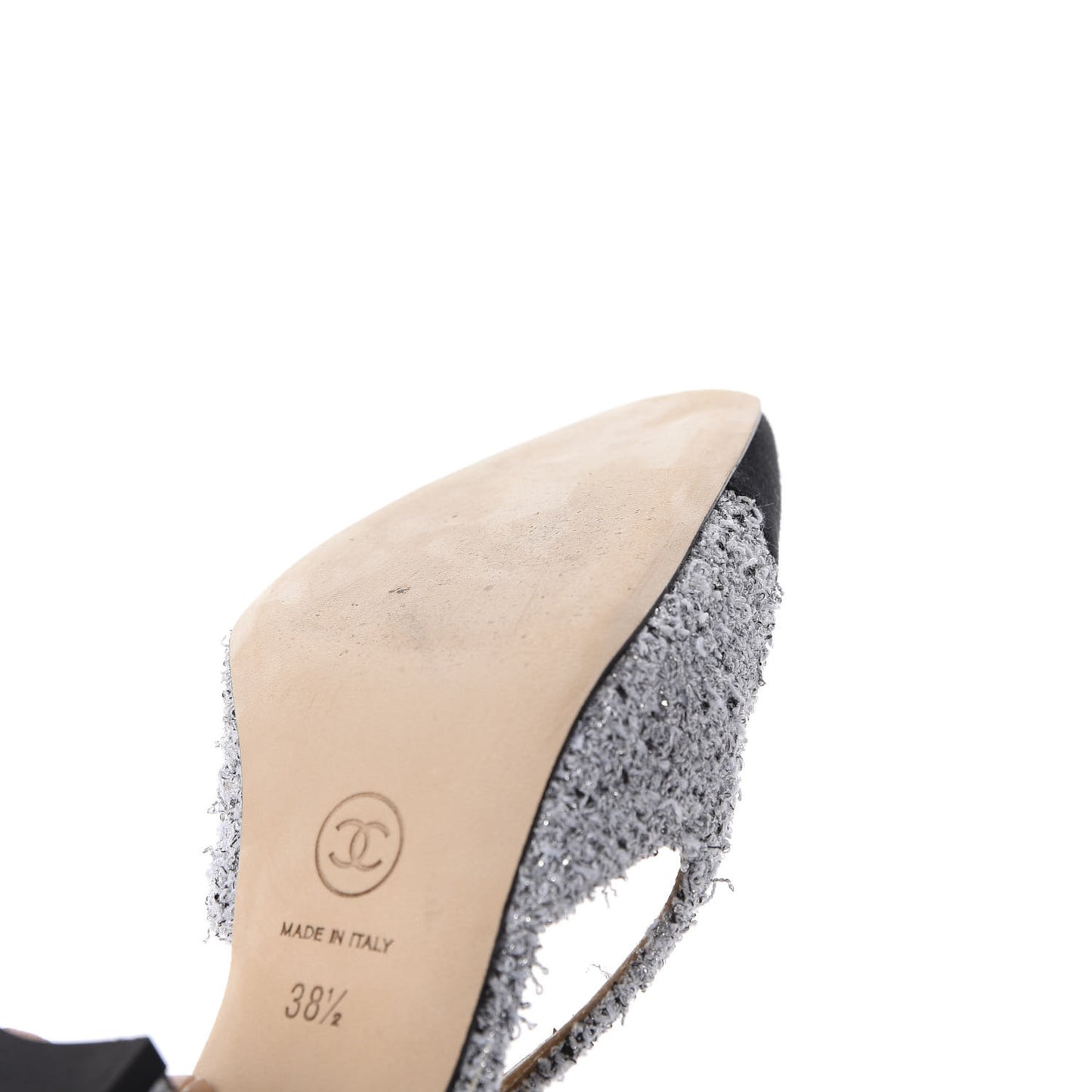 Tweed Grosgrain Cap Toe CC Slingback Pumps 38.5 Grey Silver Black