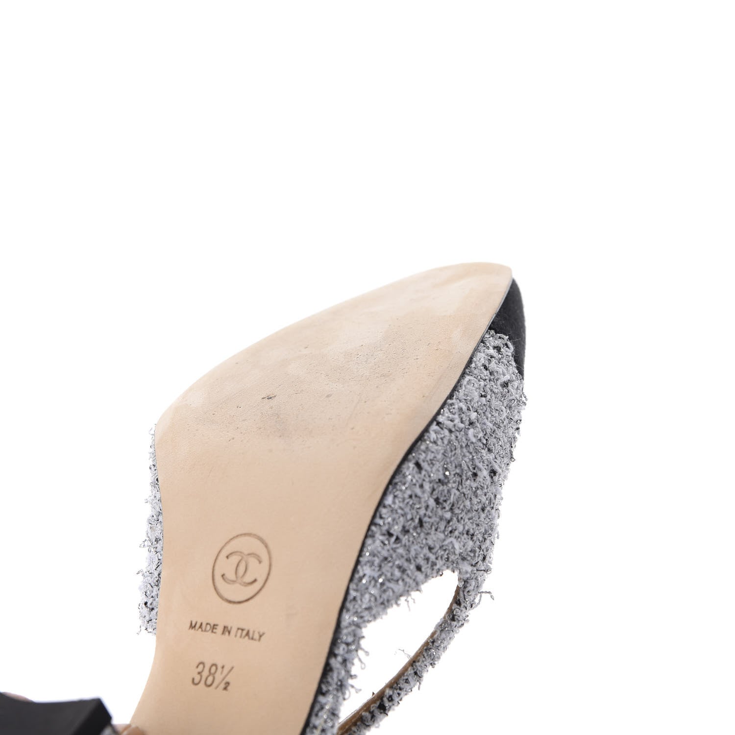 Chanel Tweed Grosgrain Cap Toe CC Slingback Pumps 38.5 Grey Silver Black 14 of 15