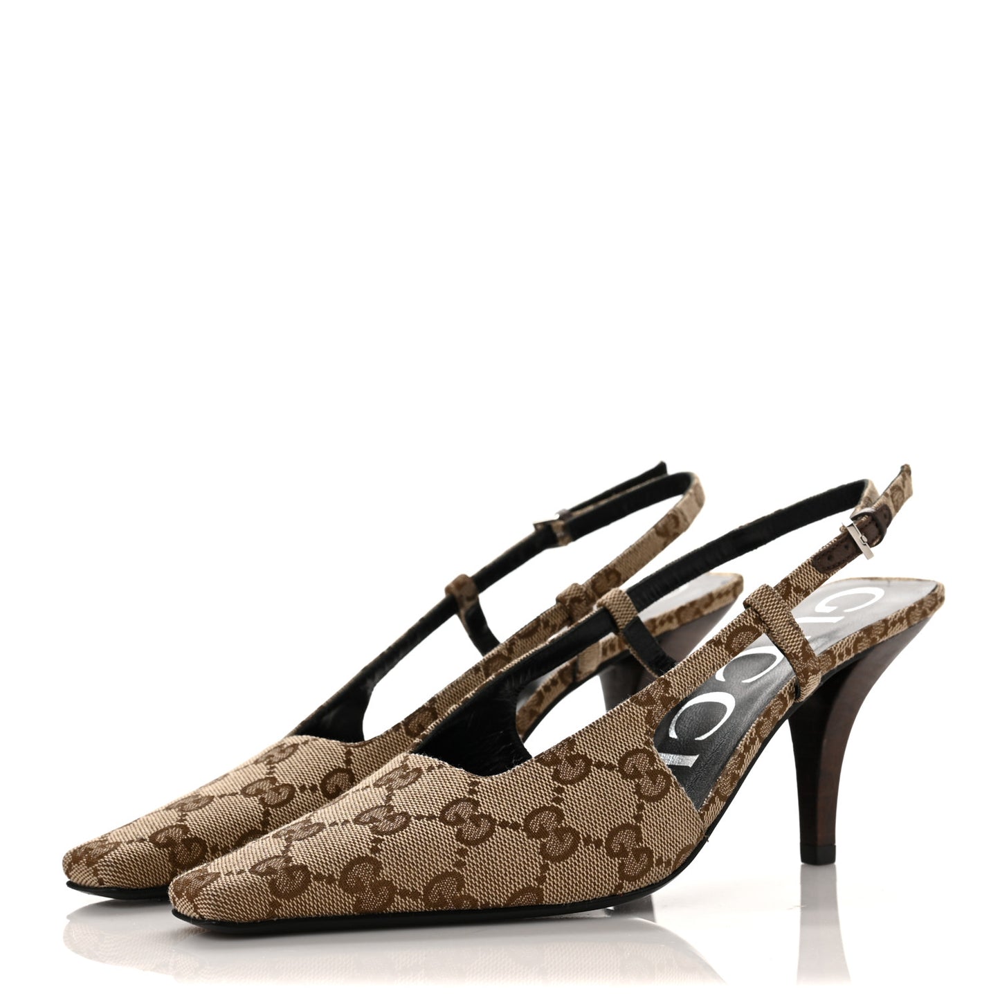 Monogram Malga Kid Square G 75mm Slingback Pumps 36 Beige Ebony New Acero