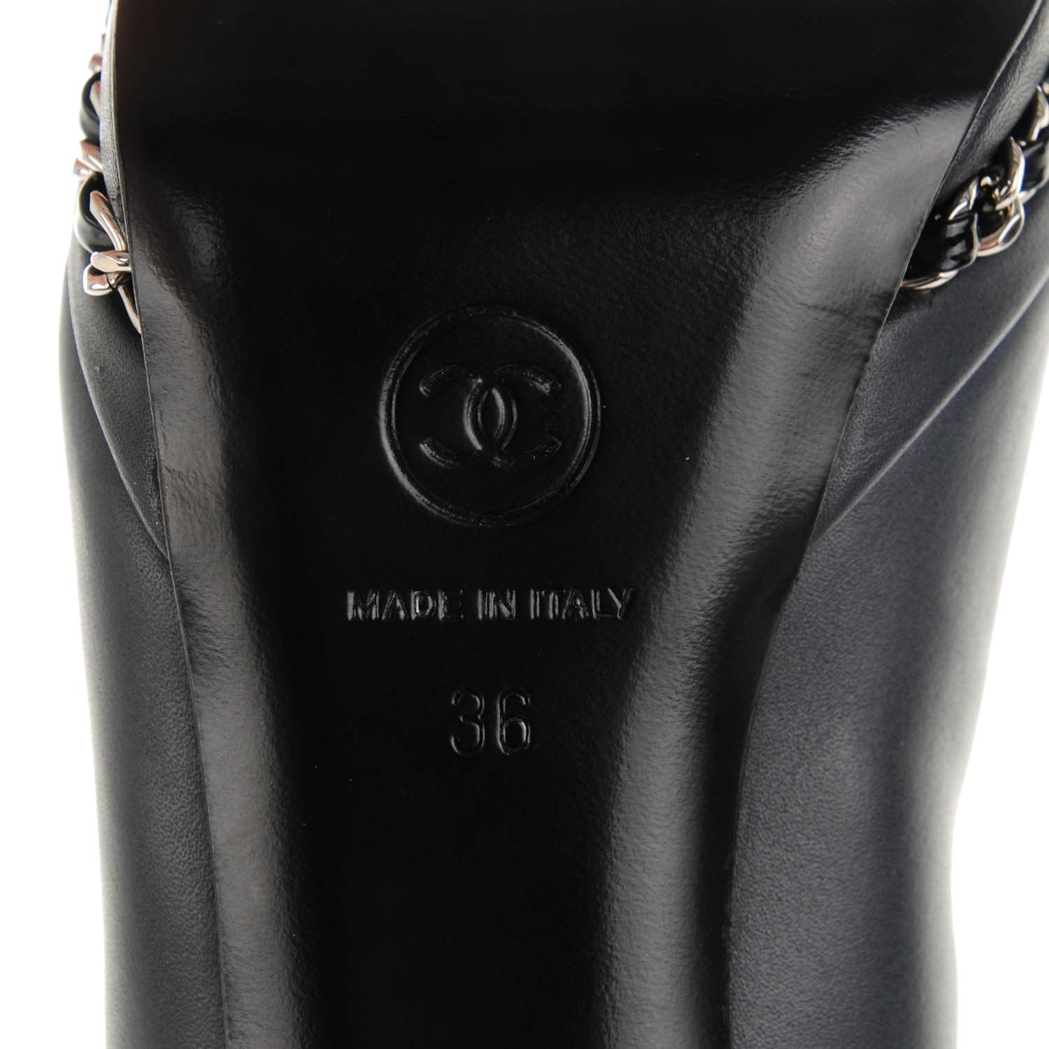 Chanel Calfskin Patent CC Cap Toe Platform Chain Pumps 36 Navy Black 7 of 9