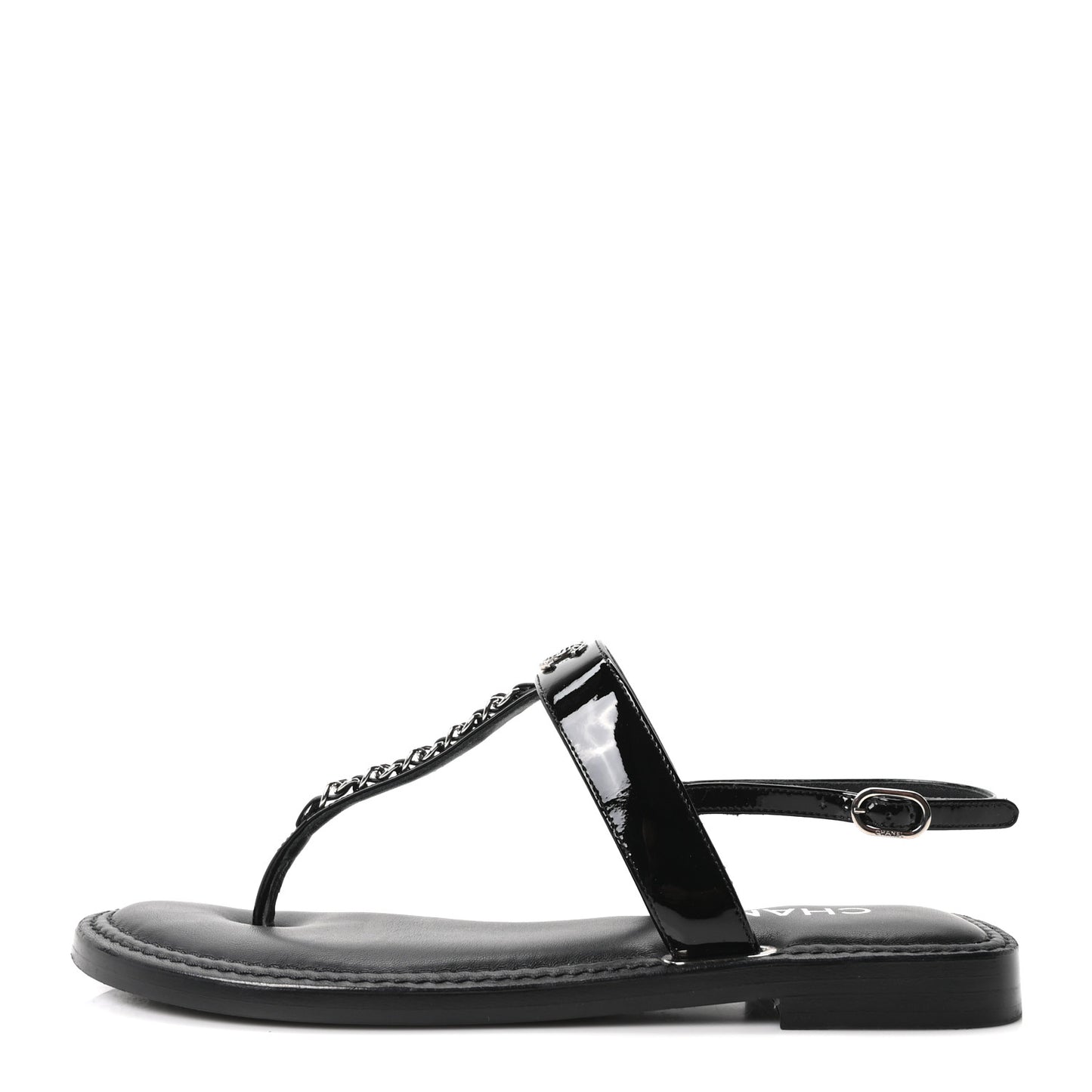 Calfskin Patent Chain CC Logo Thong Flat Sandals 39 Black