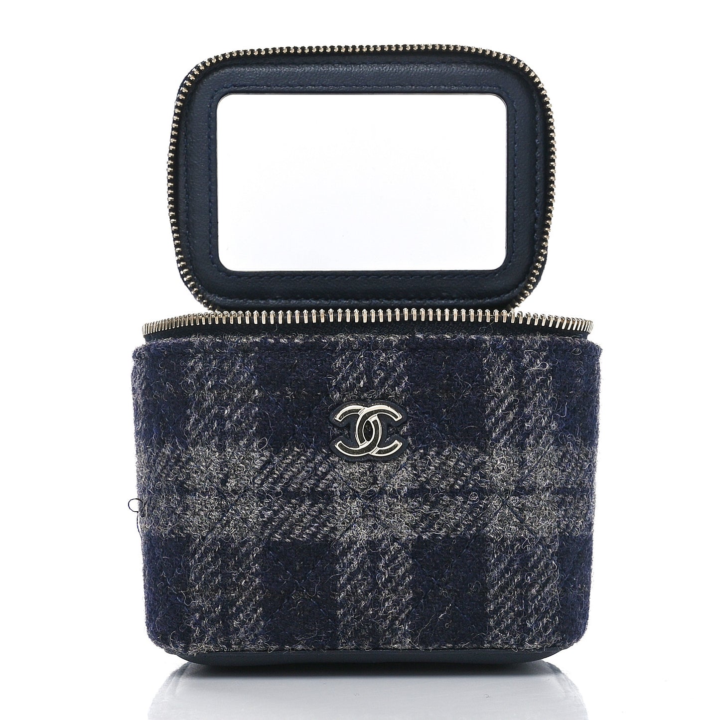 Wool Plaid Quilted Mini Vanity Case With Chain Blue