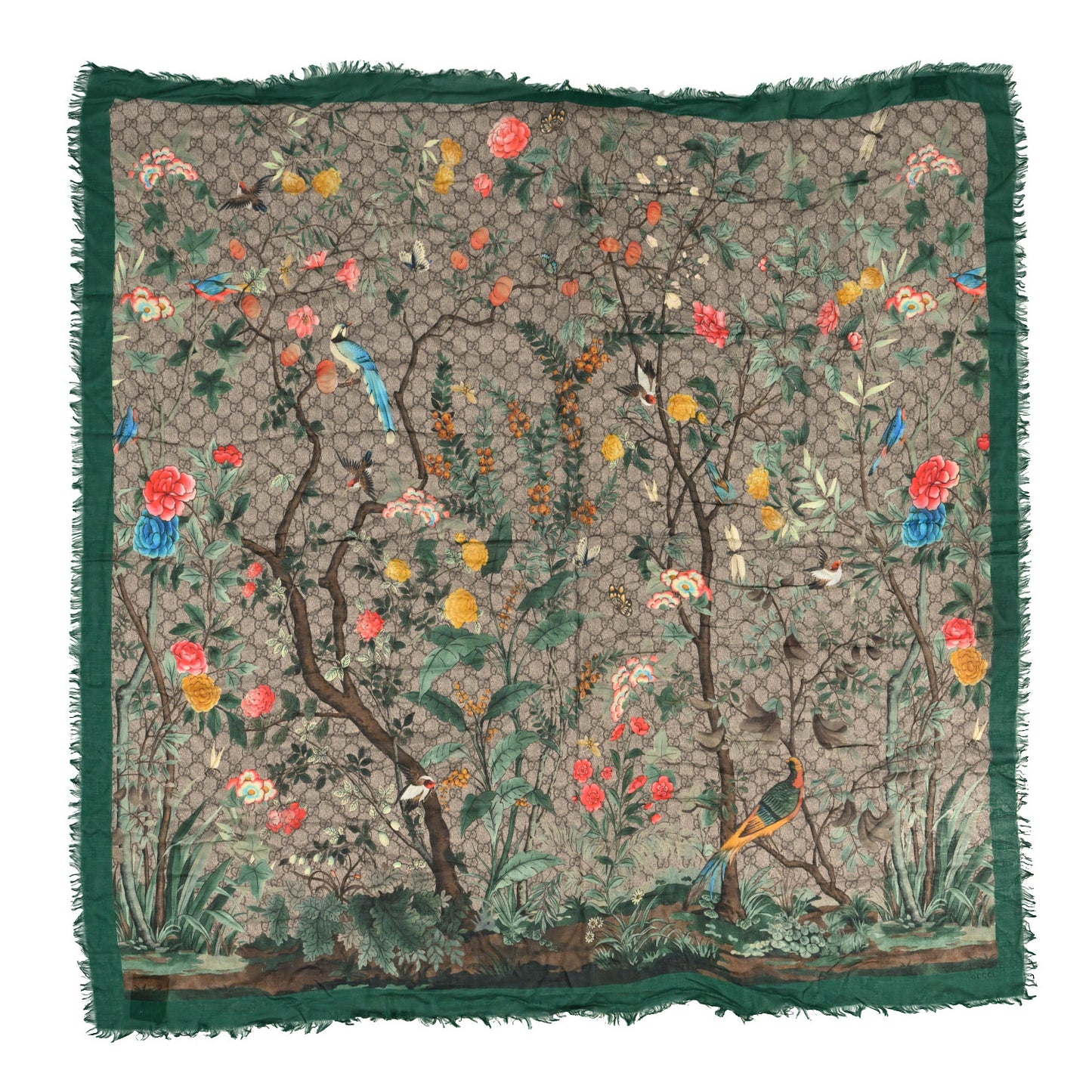 Modal Silk GG Monogram GG Tian Shawl Scarf Green Dark Green