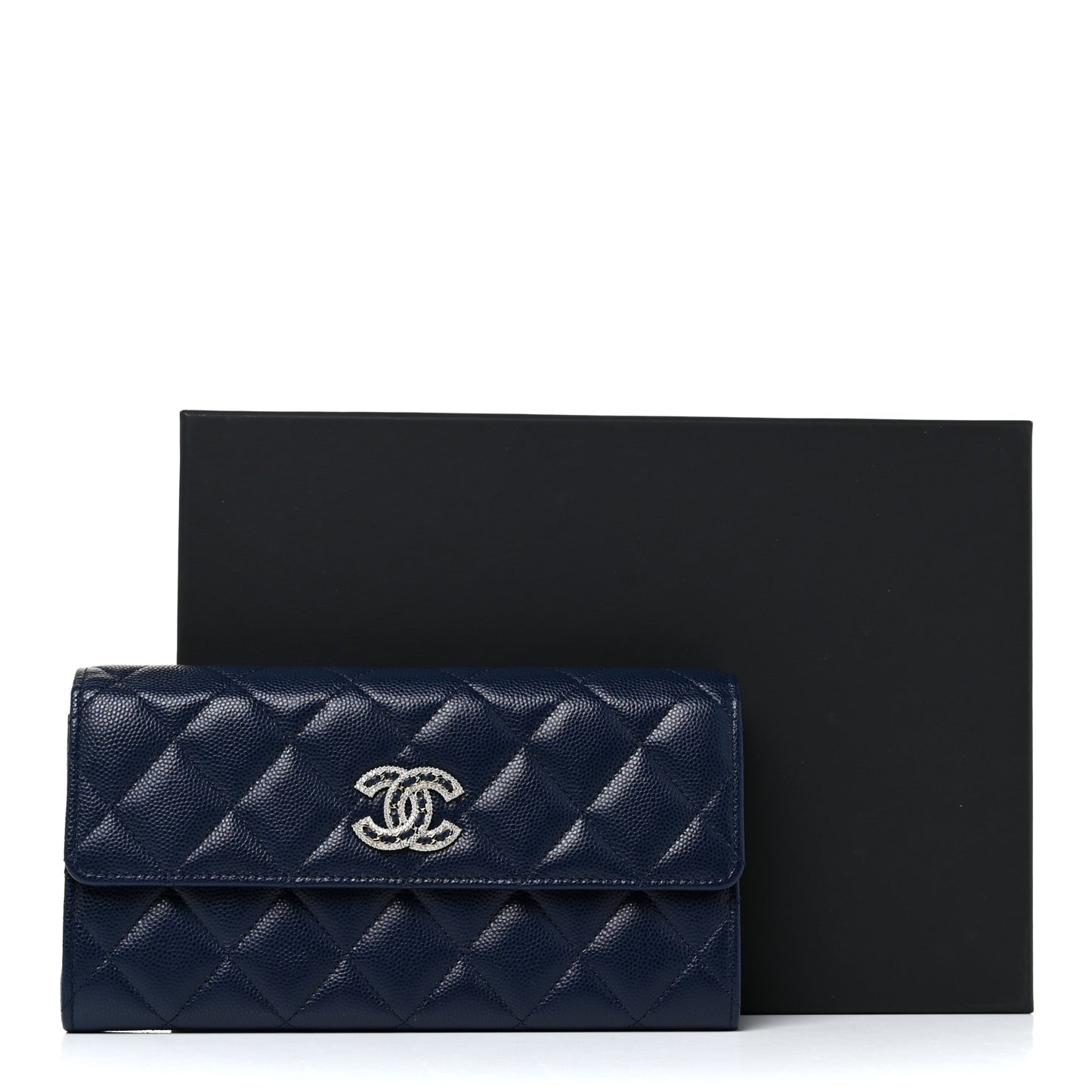 Caviar Quilted Crystal Long Flap Wallet Navy Blue