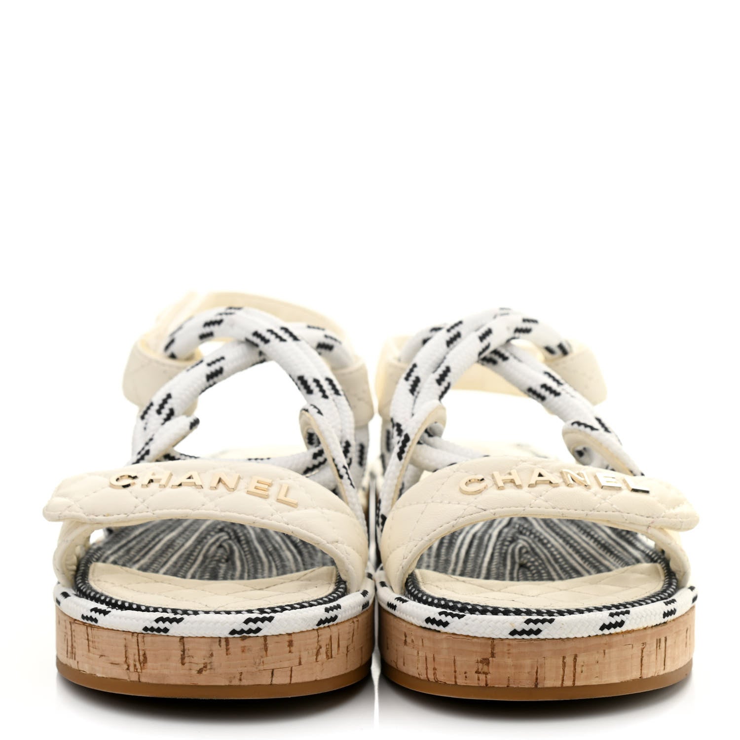 Chanel Cord Lambskin Quilted Logo Sandals 37 White Black 2 of 8