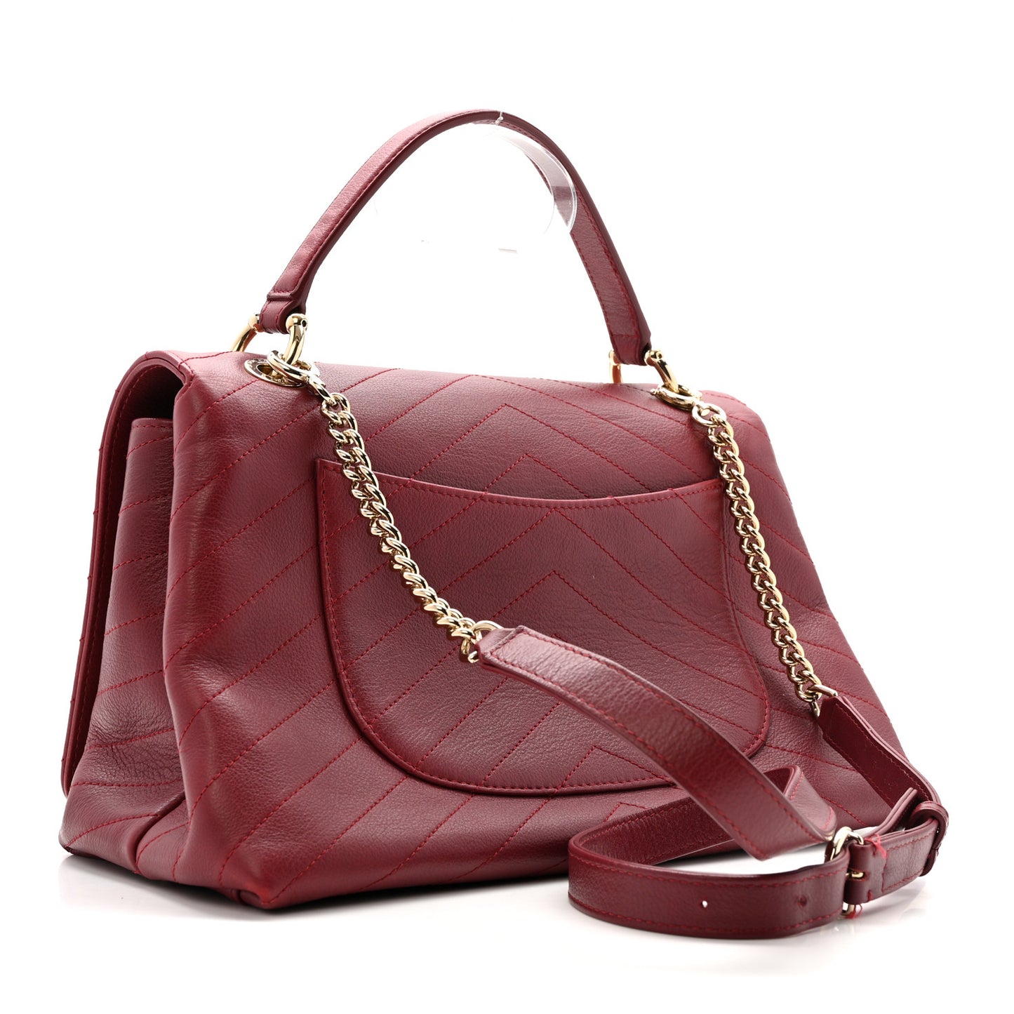 Grained Calfskin Stitched Chevron Medium Chic Top Handle Flap Red