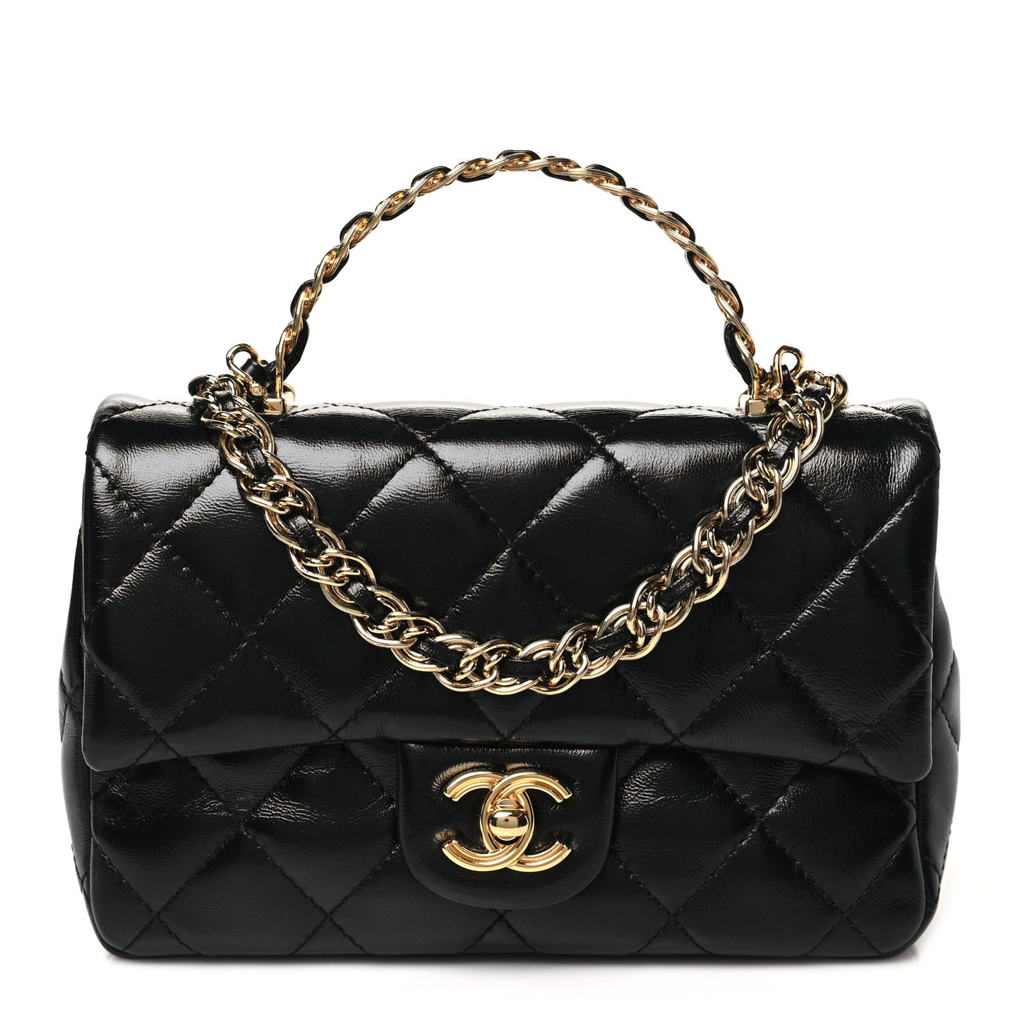 Shiny Lambskin Quilted Golden Links Top Handle Flap Black