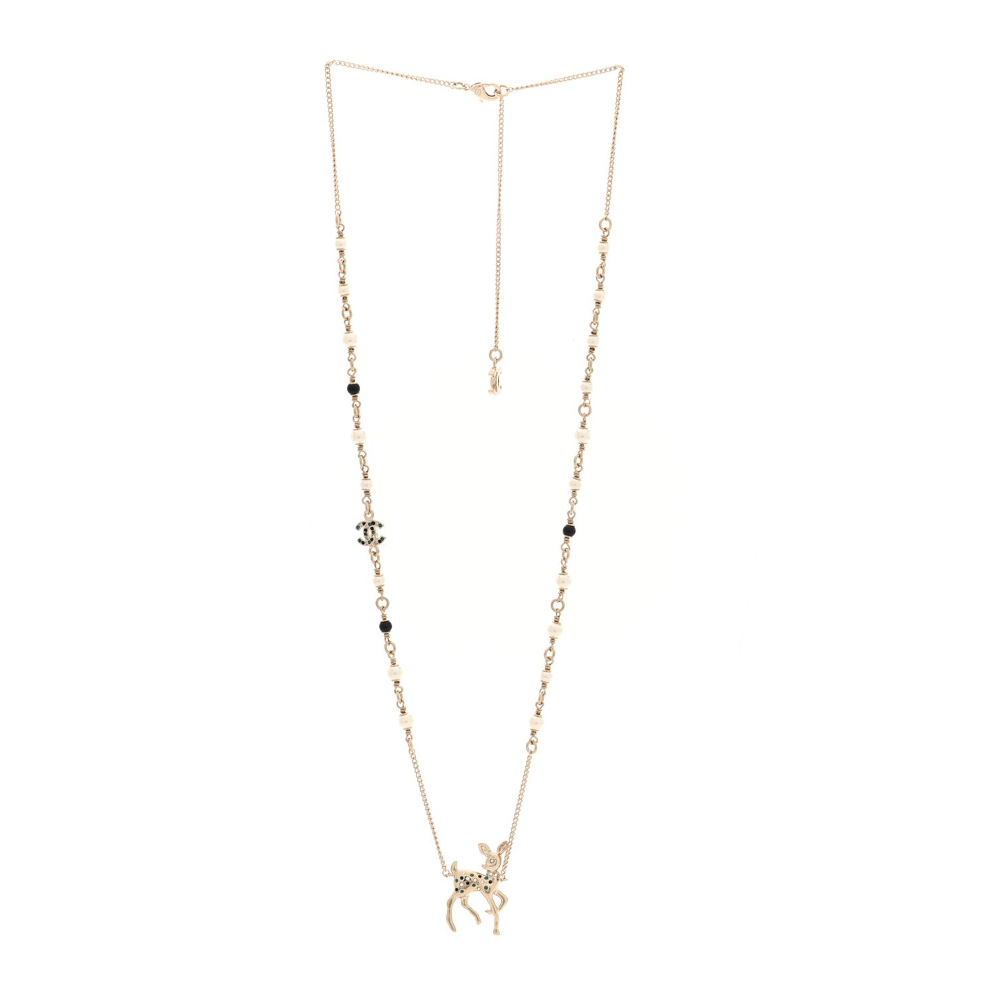 Pearl Crystal CC Deer Long Necklace Gold Green