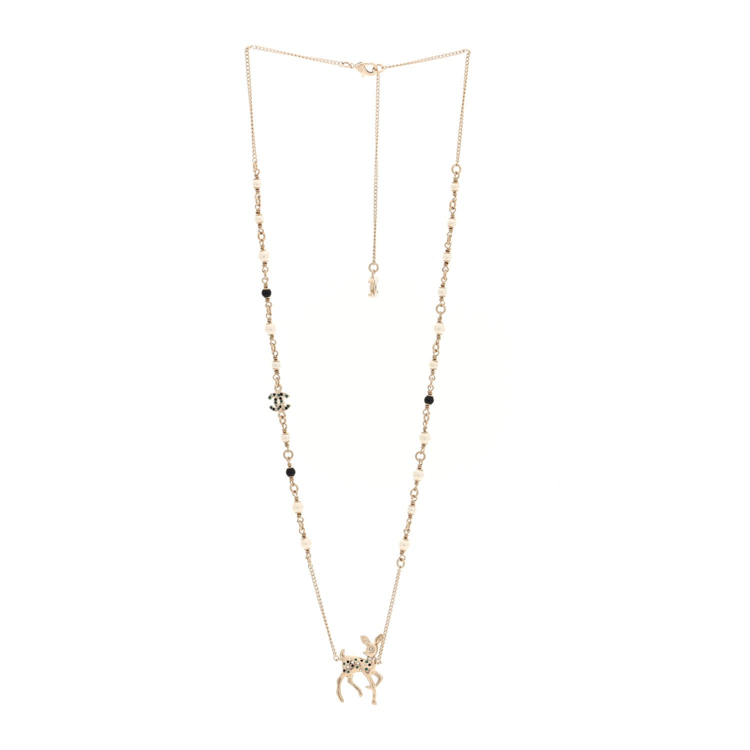 Chanel Pearl Crystal CC Deer Long Necklace Gold Green 3 of 5