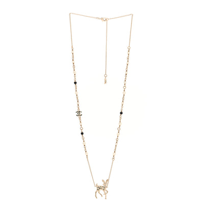 Chanel Pearl Crystal CC Deer Long Necklace Gold Green 3 of 5