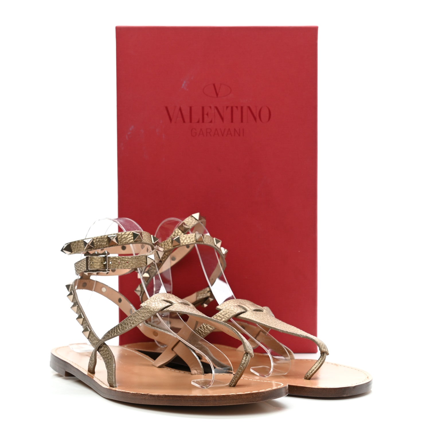 Valentino Garavani Metallic Pebbled Calfskin Rockstud Ankle Wrap Flat Thong Sandals 40 Skin 9 of 9