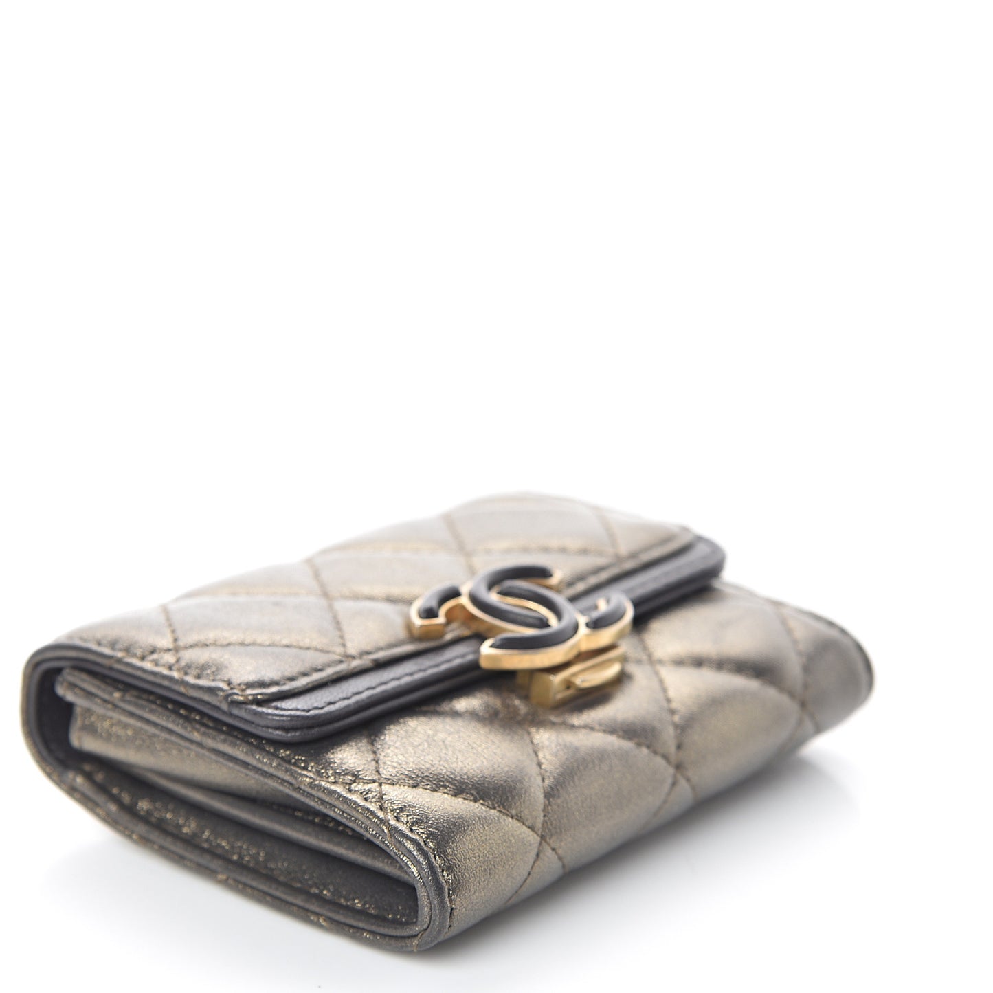 Metallic Calfskin Quilted CC Chic Flap Card Holder Dark Gold Grey