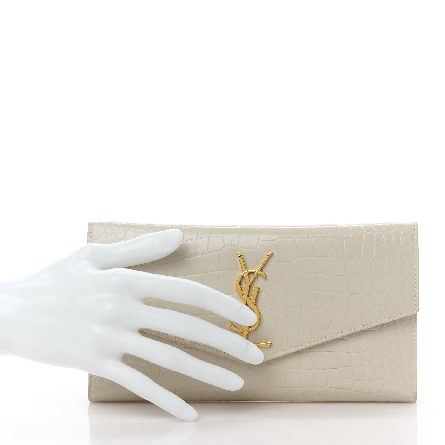 Saint Laurent Calfskin Crocodile Embossed Monogram Uptown Wallet Crema Soft 2 of 15
