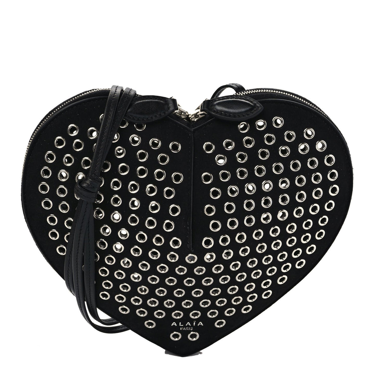 Suede Goatskin Grommet Studded Heart Shoulder Bag Black