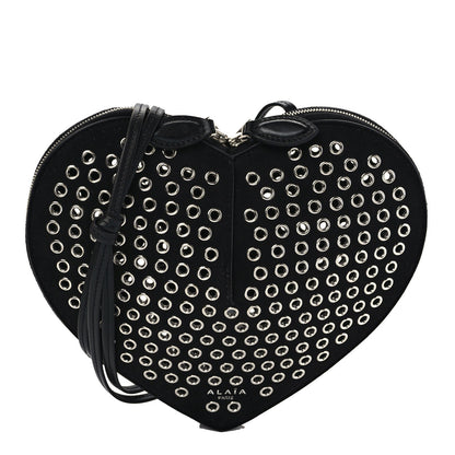 Alaia Suede Goatskin Grommet Studded Heart Shoulder Bag Black 1 of 9