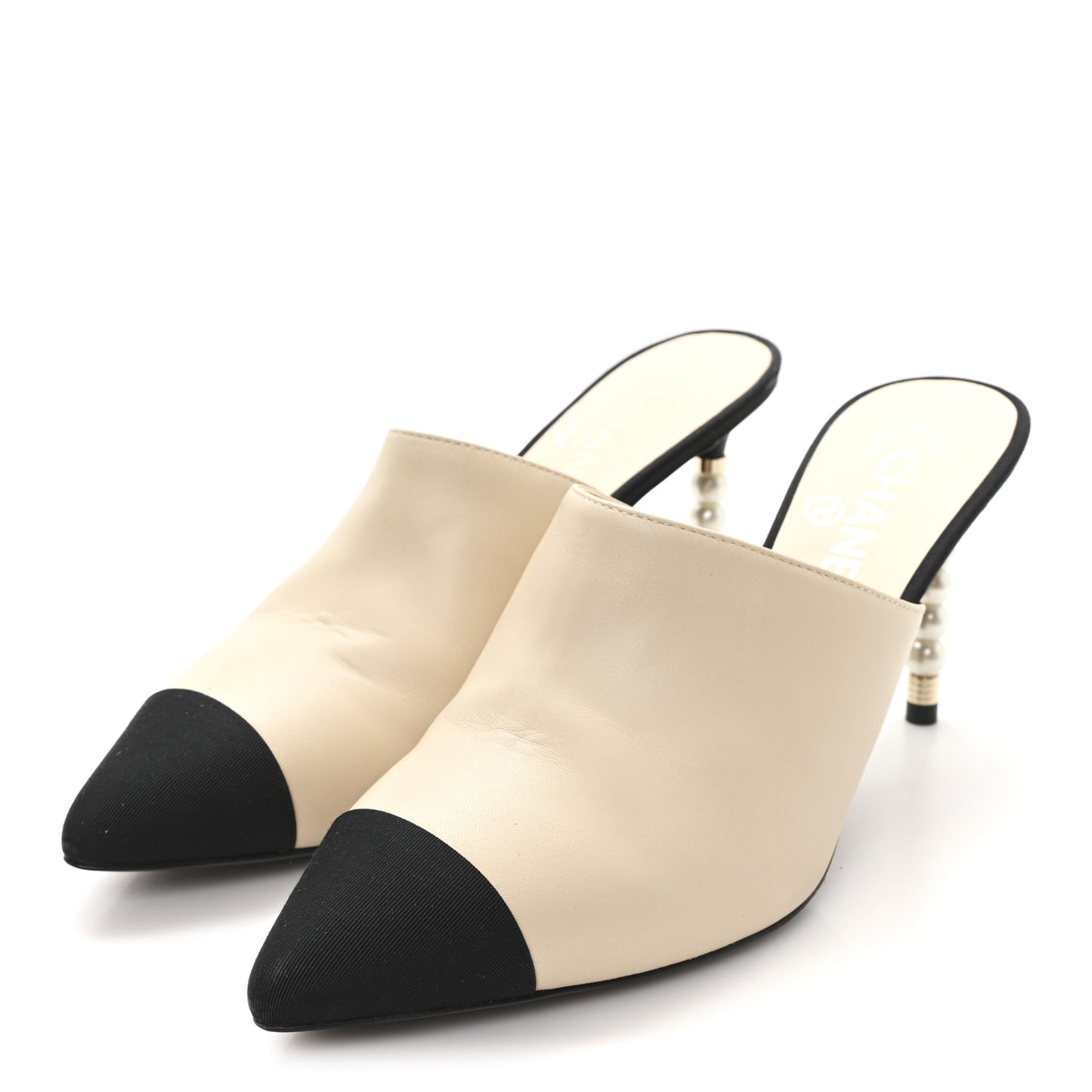 Goatskin Grosgrain Cap Toe Pearl Mule 39 Beige Black