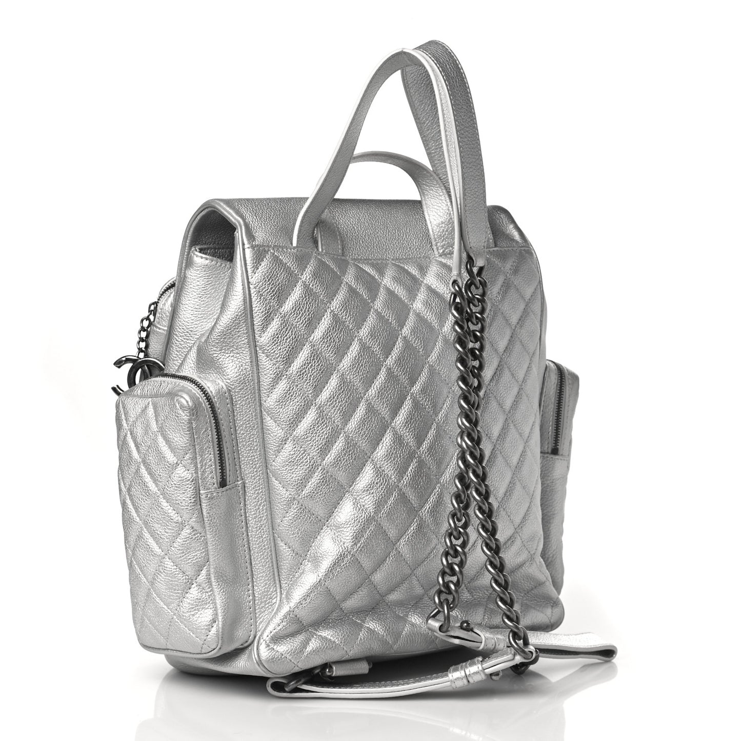 Metallic Grained Calfskin Quilted Large Casual Rock Backpack Silver