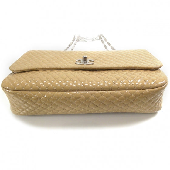 Patent Quilted Flap Chain Bag Beige