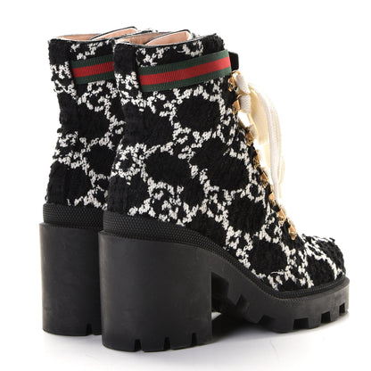 Gucci Tweed GG Monogram Lace Up Combat Ankle Boots 37.5 Black 3 of 10