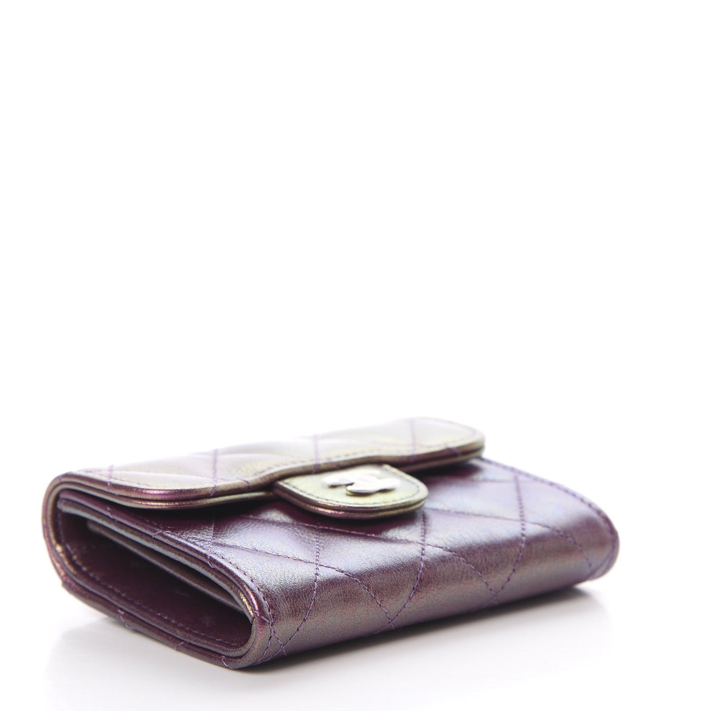 Iridescent Lambskin Quilted Flap Card Holder Purple