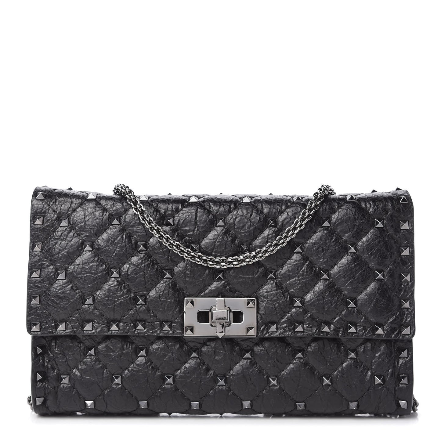 Craquele Nappa Rockstud Spike Wallet on Chain Black