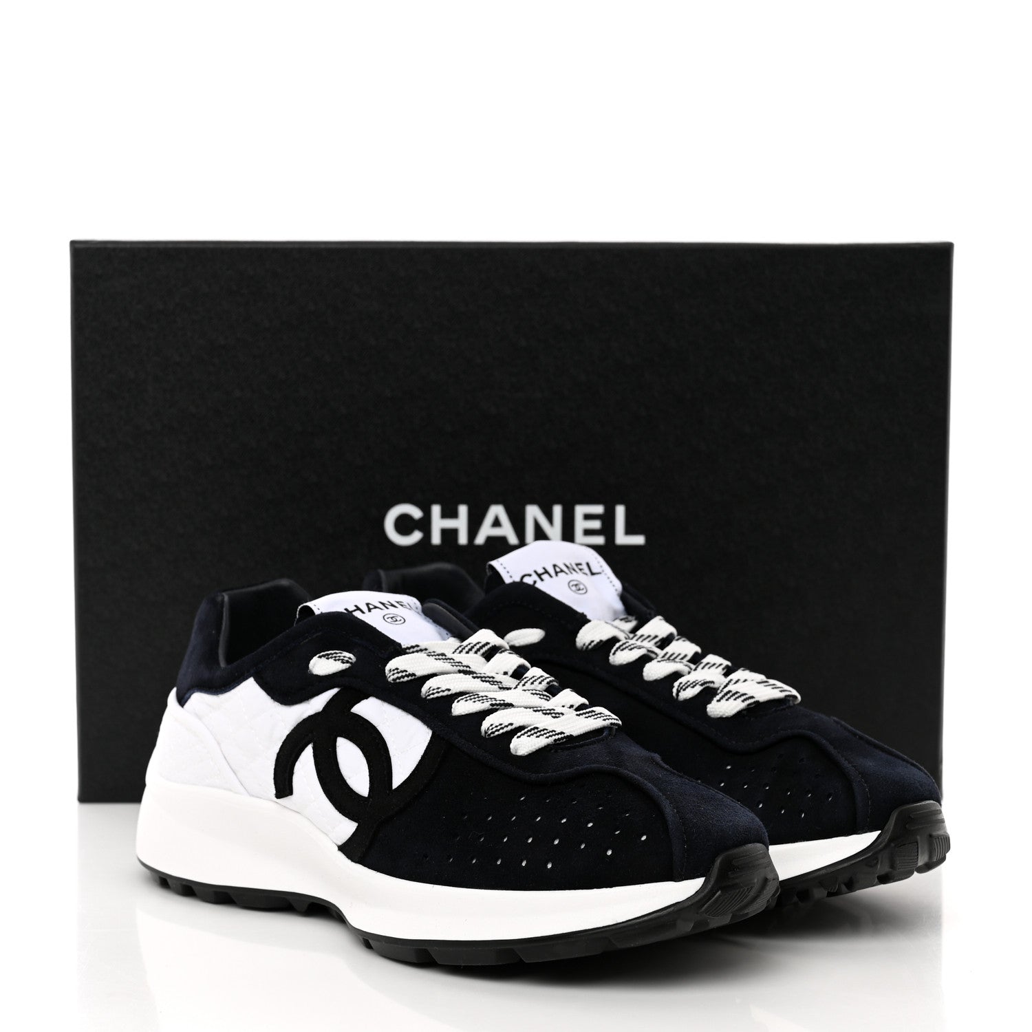 Chanel Fabric Suede Kidskin CC Sneakers 37.5 Dark Navy White 10 of 10