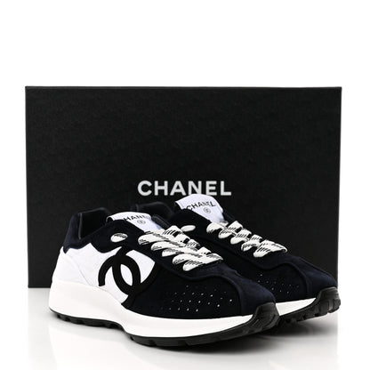 Chanel Fabric Suede Kidskin CC Sneakers 37.5 Dark Navy White 10 of 10