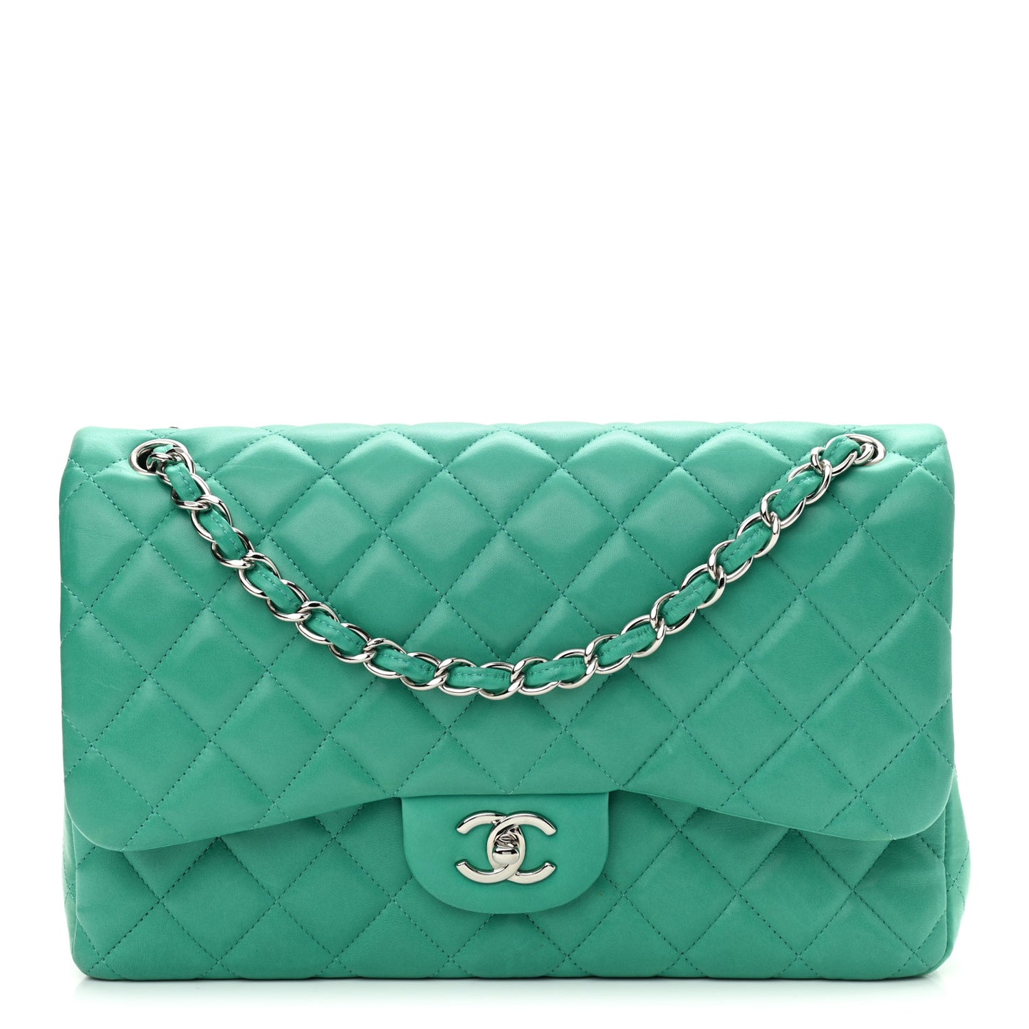 Lambskin Quilted Jumbo Double Flap Green