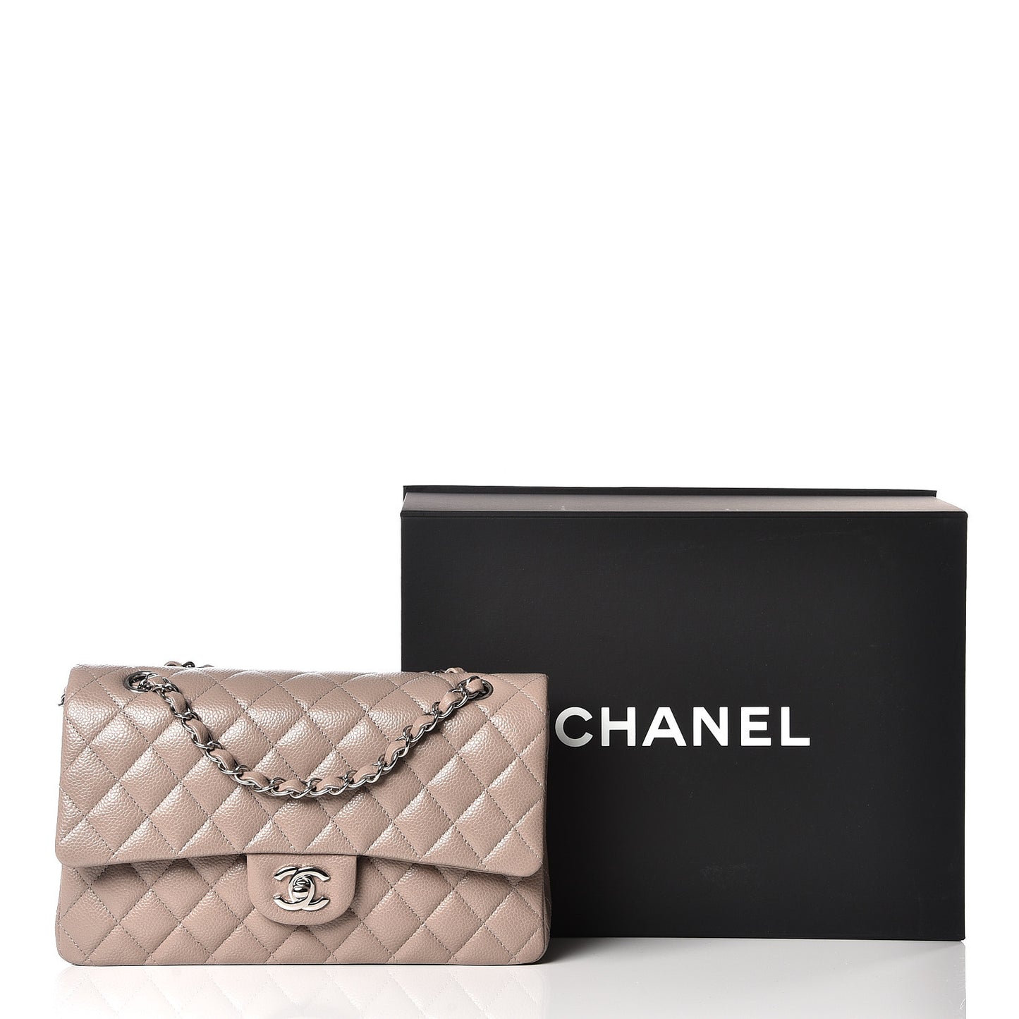 Caviar Quilted Medium Double Flap Beige