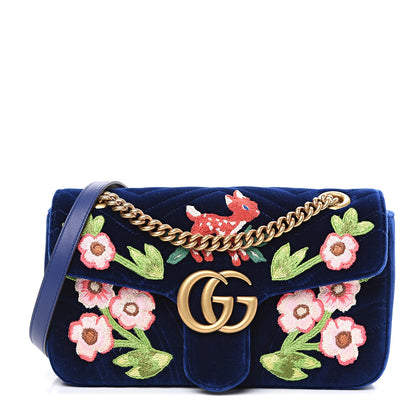 Gucci Velvet Matelasse Deer Embroidered Small GG Marmont Shoulder Bag Cobalt 1 of 9